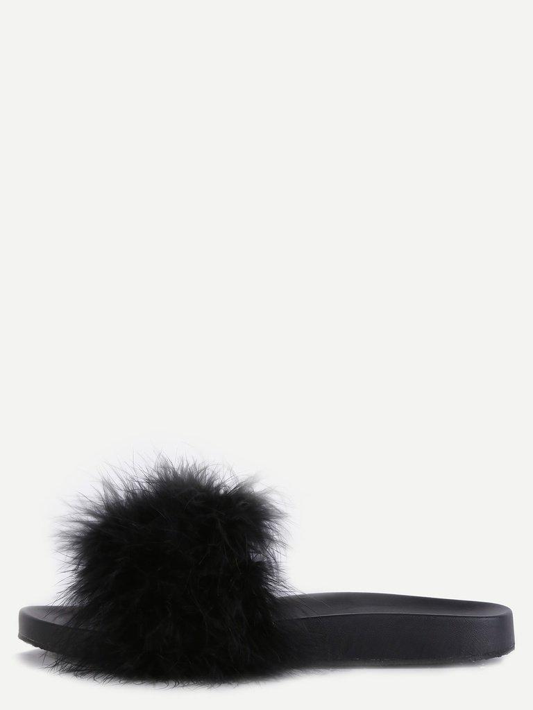 Black Faux Fur Soft Sole Flat Slippers-shoes-Des Mess