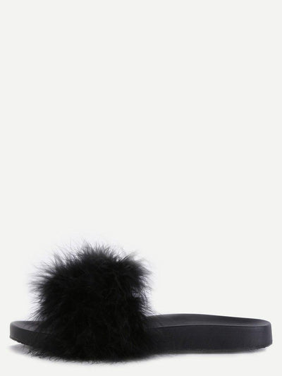 Black Faux Fur Soft Sole Flat Slippers-shoes-Des Mess
