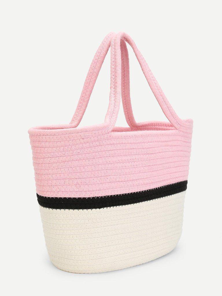 Color Block Straw Tote Bag-accessories-Des Mess