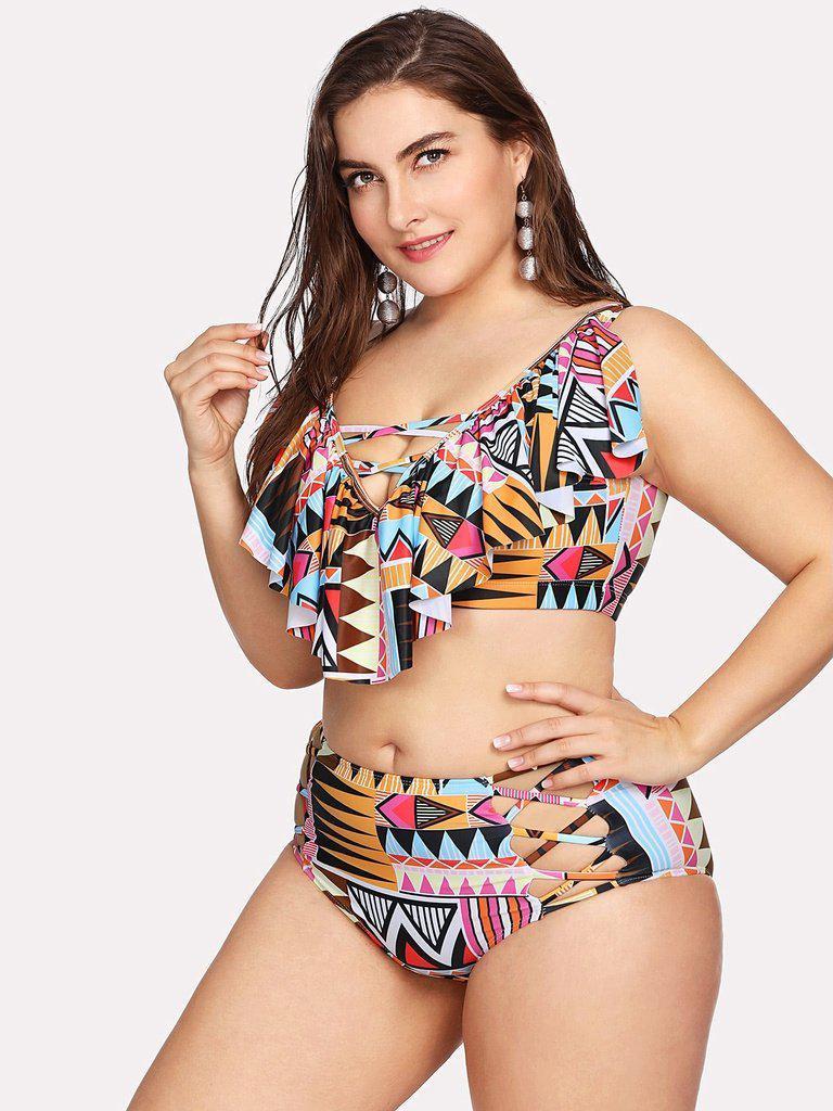 Geometric Pattern Flounce Bikini Set-swimwear-Des Mess