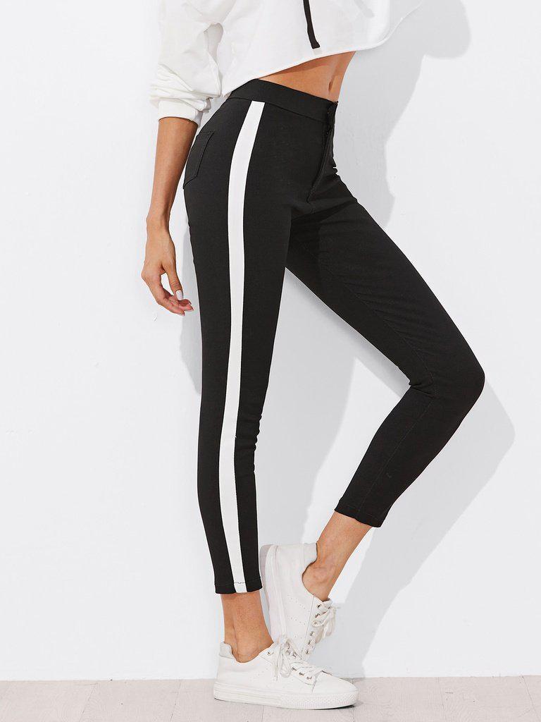 Contrast Panel Side Skinny Ankle Jeans-bottom-Des Mess