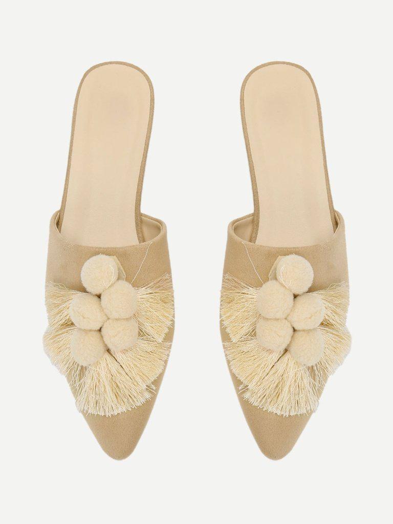 Pom Pom & Tassel Front Flat Mules-shoes-Des Mess