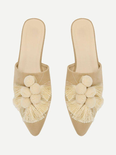 Pom Pom & Tassel Front Flat Mules-shoes-Des Mess
