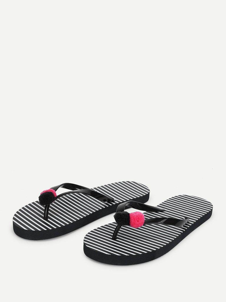 Pom Pom Detail Striped Flip Flops-shoes-Des Mess