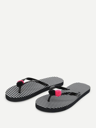 Pom Pom Detail Striped Flip Flops-shoes-Des Mess