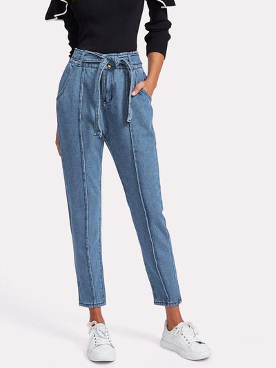 Seam Detail Self Tie Jeans-bottom-Des Mess