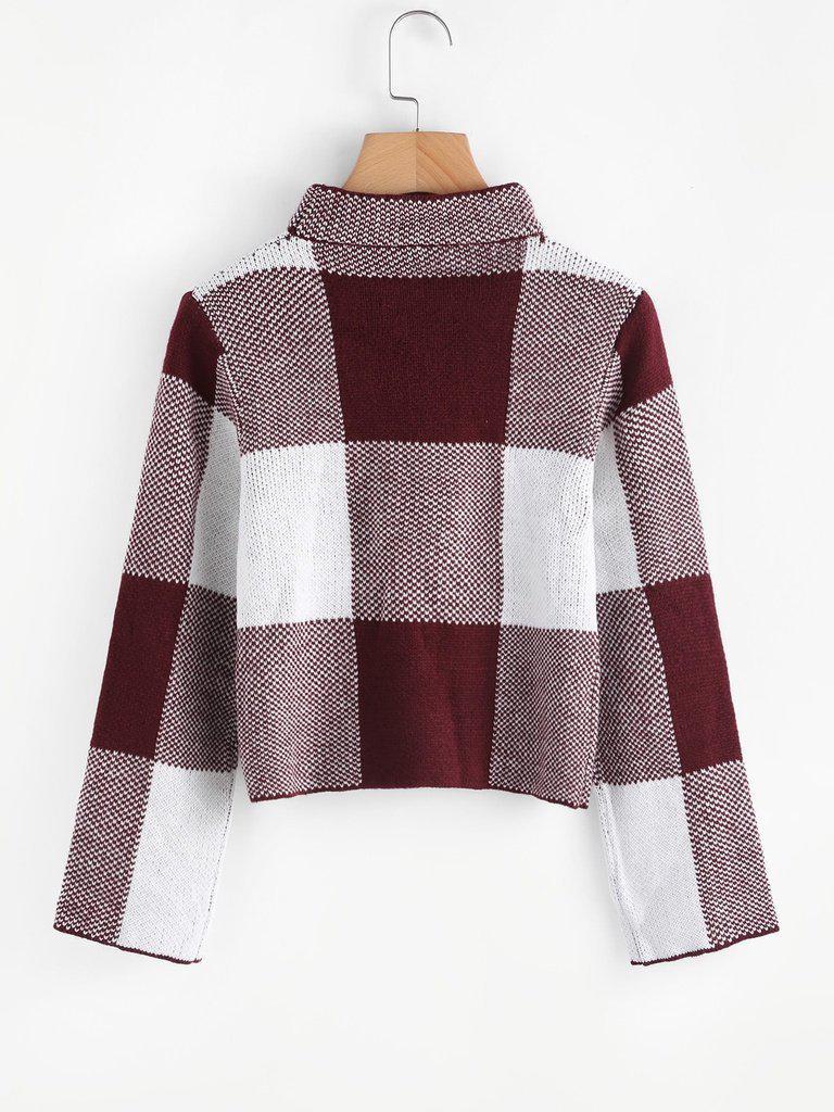 High Neck Gingham Crop Sweater-outerwear-Des Mess