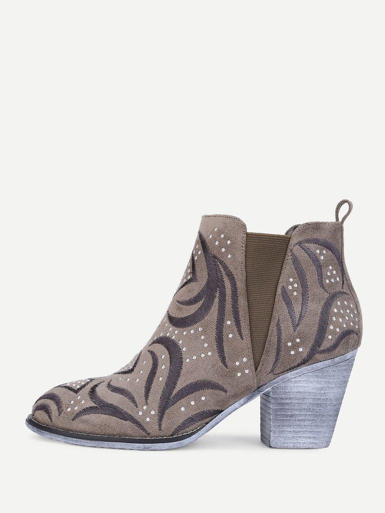 Embroidery Detail Block Heeled Ankle Boots-shoes-Des Mess