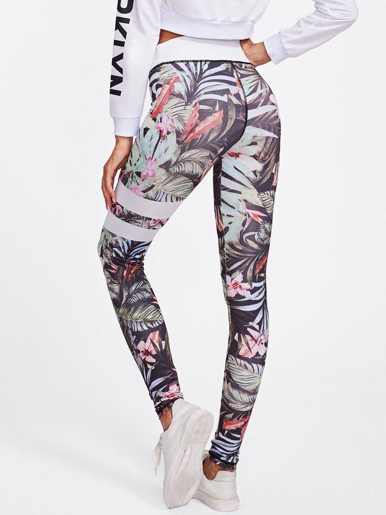 Floral Print Striped Skinny Leggings-bottom-Des Mess