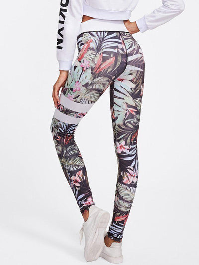 Floral Print Striped Skinny Leggings-bottom-Des Mess