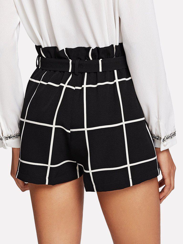 Ruffle Waist Self Belt Grid Shorts-bottom-Des Mess