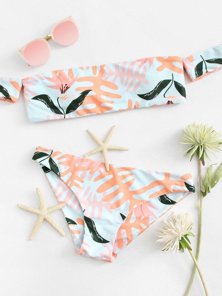 Palm Print Off The Shoulder Bikini Set-swimwear-Des Mess