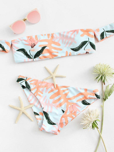Palm Print Off The Shoulder Bikini Set-swimwear-Des Mess