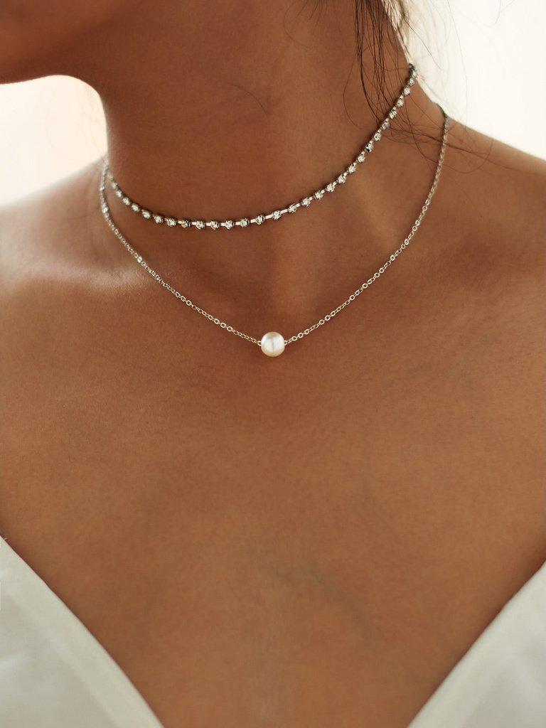 Faux Pearl Pendant Rhinestone Choker Necklace 2pcs-jewelry-Des Mess