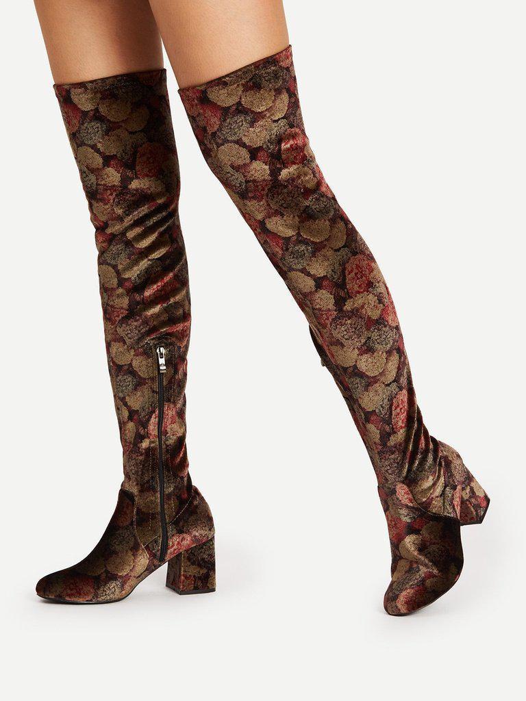 Mix Pattern Over Knee Block Heeled Boots-shoes-Des Mess