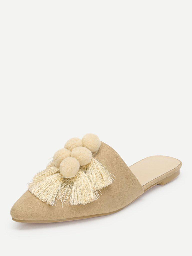 Pom Pom & Tassel Front Flat Mules-shoes-Des Mess