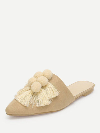 Pom Pom & Tassel Front Flat Mules-shoes-Des Mess