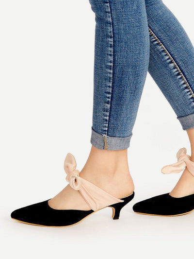 Black Point Toe Contrast Bow Tie Heeled Mules-shoes-Des Mess