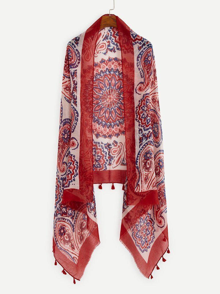 Paisley & Flower Print Scarf With Tassel-accessories-Des Mess