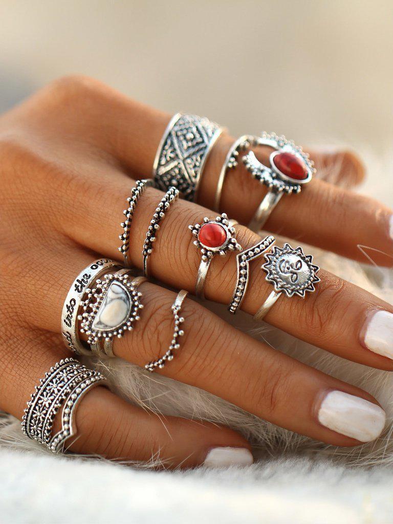 Red And White Turquoise Stone Vintage Rings Set-jewelry-Des Mess