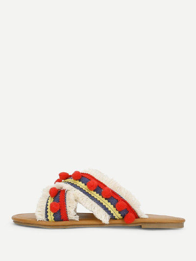 Criss Cross Flat Sandals With Pom Pom-shoes-Des Mess