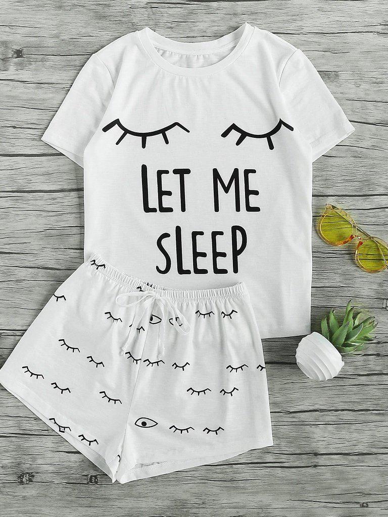 Closed Eyes Print Tee And Shorts Pajama Set-loungewear-Des Mess