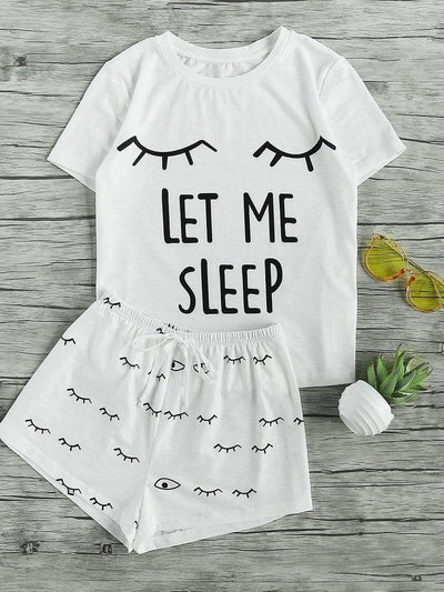Closed Eyes Print Tee And Shorts Pajama Set-loungewear-Des Mess