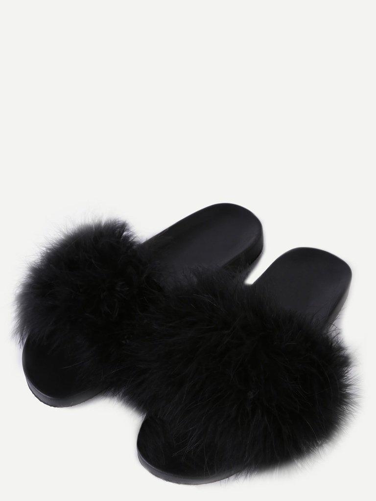 Black Faux Fur Soft Sole Flat Slippers-shoes-Des Mess