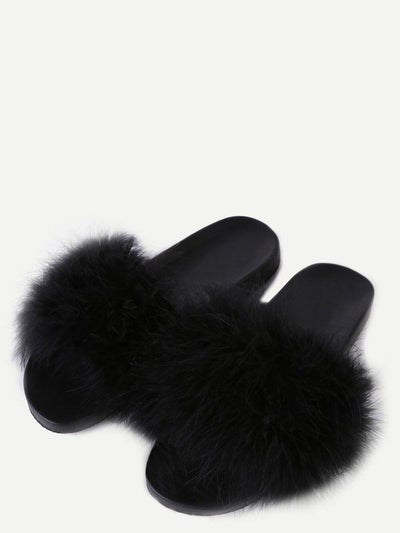 Black Faux Fur Soft Sole Flat Slippers-shoes-Des Mess