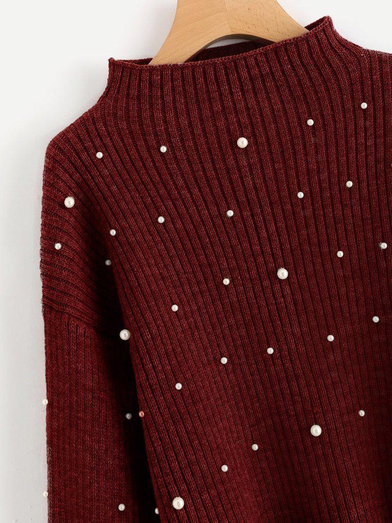 Pearl Embellished Exaggerated Bishop Sleeve Ribbed Sweater-outerwear-Des Mess