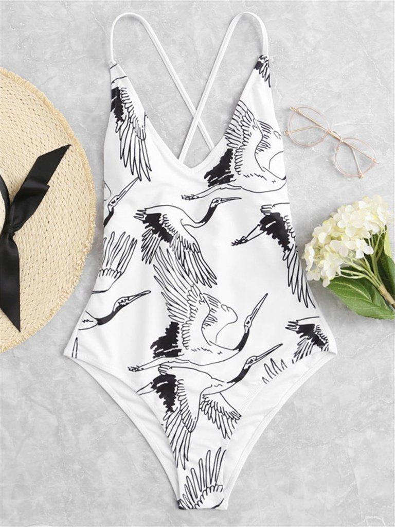 Criss Cross Crane Print Swimsuit-swimwear-Des Mess