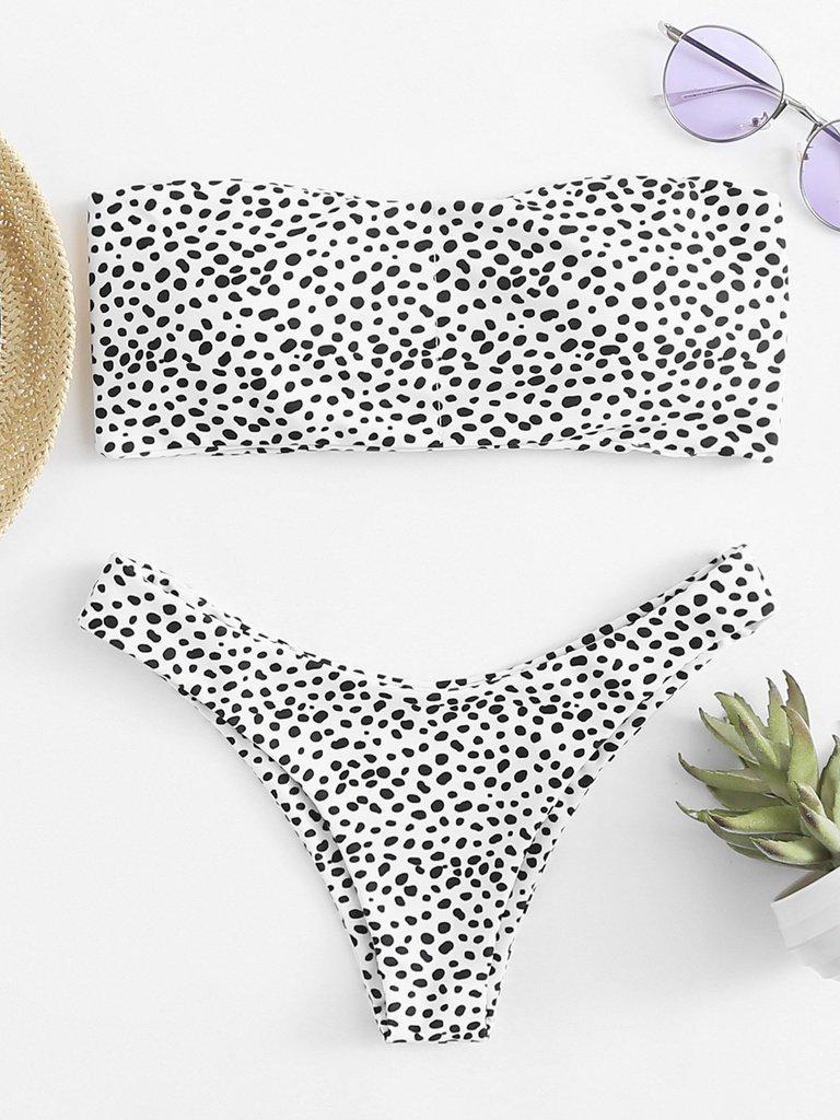 Dot Print Bandeau Bikini Set-swimwear-Des Mess