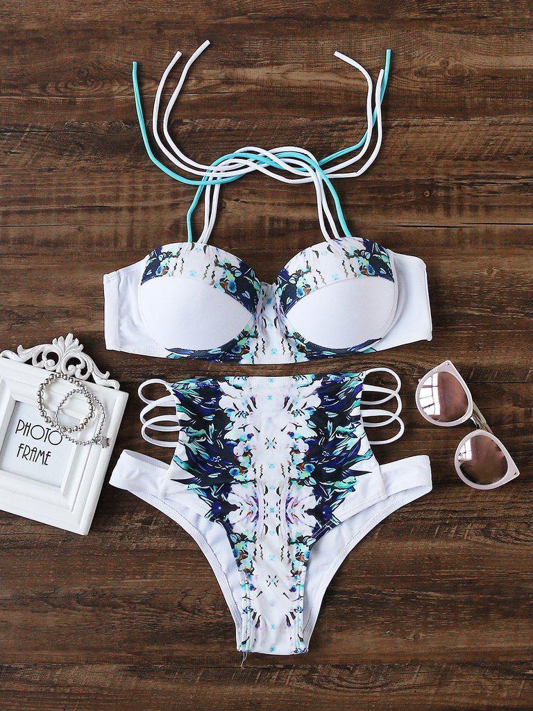 White Flower Print Ladder Cutout High Waist Bikini Set--Des Mess