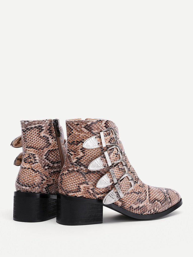 Buckle Decorated Snakeskin Print PU Ankle Boots-shoes-Des Mess