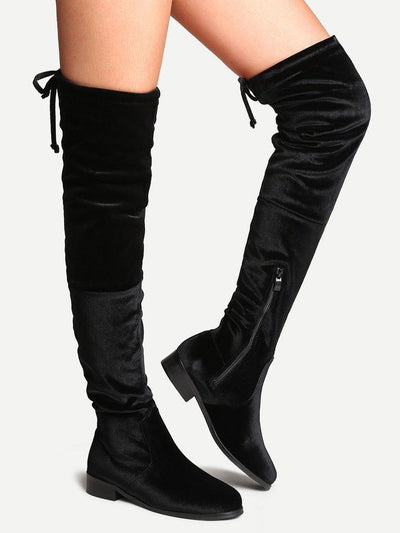 Black Faux Suede Side Zipper Tie Back Over The Knee Boots-shoes-Des Mess