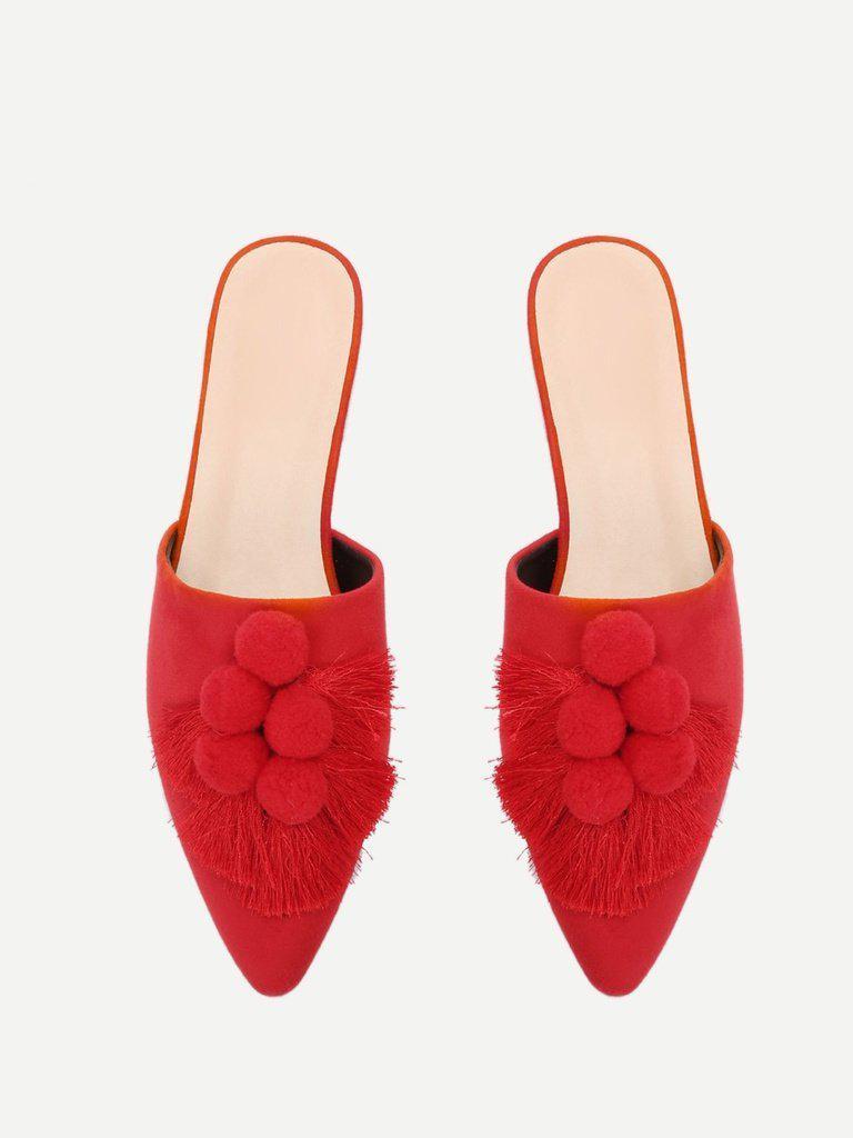 Pom Pom & Tassel Front Flat Mules-shoes-Des Mess