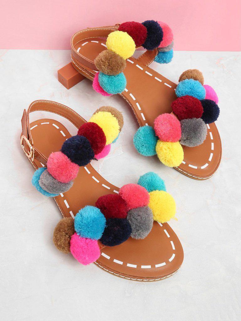 Ankle Strap Slide Sandals With Pom Pom