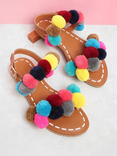 Ankle Strap Slide Sandals With Pom Pom-shoes-Des Mess