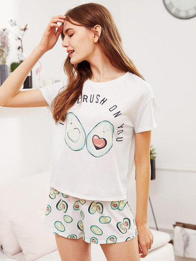 Avocado Print Top And Bow Front Shorts Pajama Set-loungewear-Des Mess