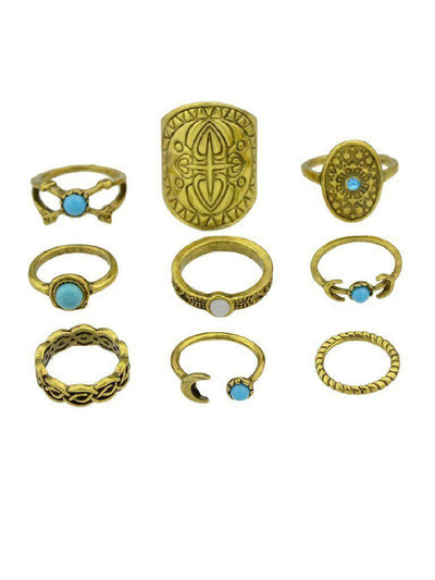 At-Gold Vintage Totem Turquoise Ring 9-Pieces Set-jewelry-Des Mess