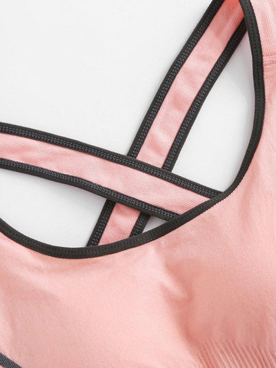 Criss Cross Back Contrast Piping Sports Bra-sportswear-Des Mess