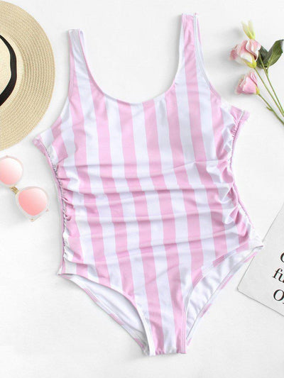 Ruched Detail Low Back Striped Swimsuit-swimwear-Des Mess