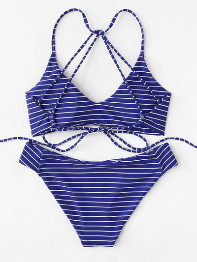 Striped Self Tie Bikini Set-swimwear-Des Mess