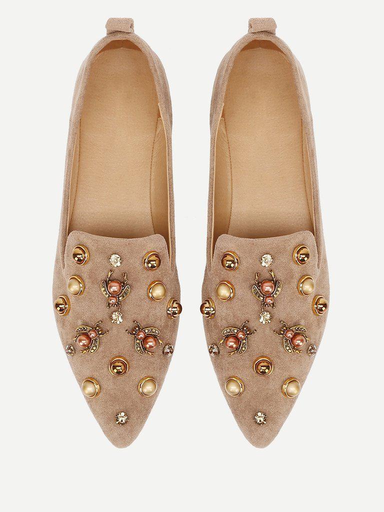 Faux Pearl Decorated Pointed Toe Flats-shoes-Des Mess