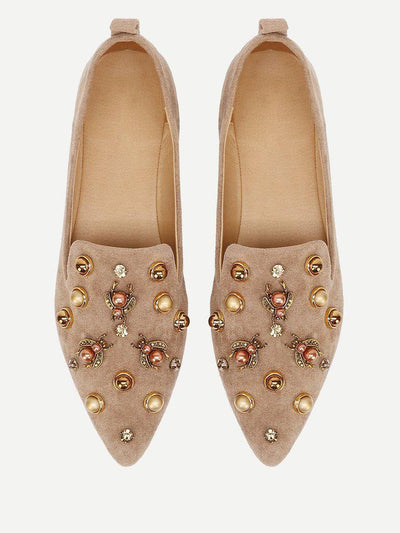 Faux Pearl Decorated Pointed Toe Flats-shoes-Des Mess