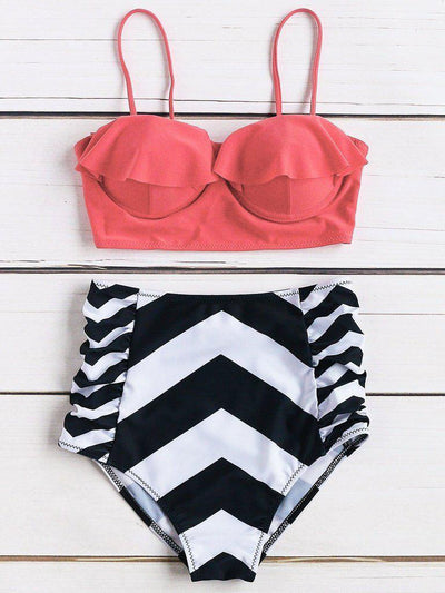 Chevron Print Ruffle Design High Waist Bikini Set-swimwear-Des Mess