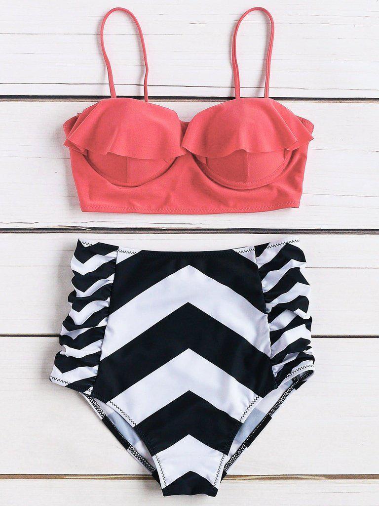 Chevron Print Ruffle Design High Waist Bikini Set-swimwear-Des Mess