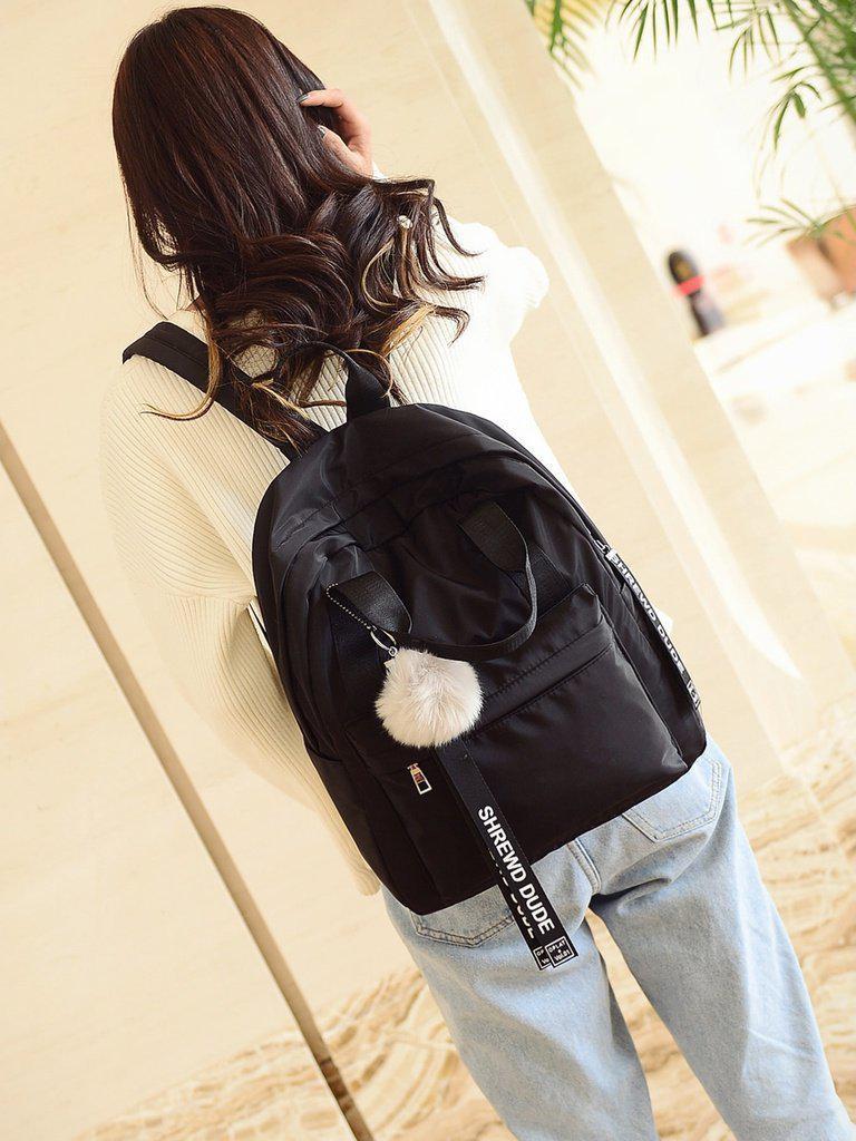 Slogan Ribbon & Pom Pom Decor Backpack-accessories-Des Mess