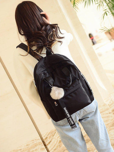Slogan Ribbon & Pom Pom Decor Backpack-accessories-Des Mess