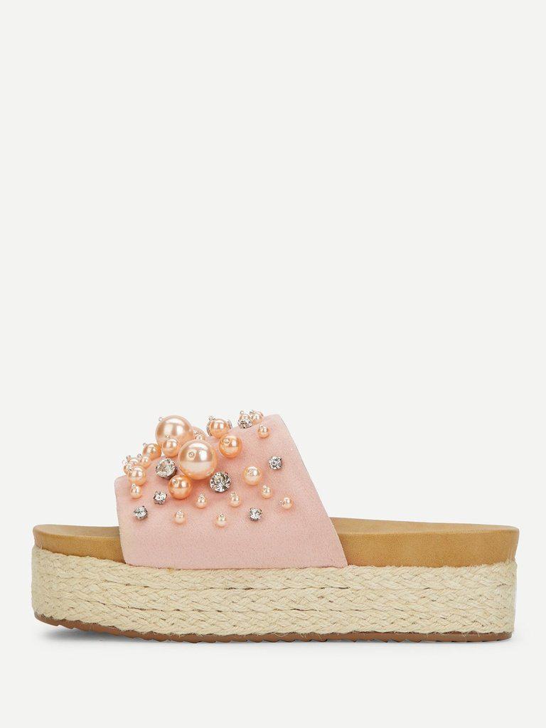 Faux Pearl Decorated Flatform Sandals-shoes-Des Mess